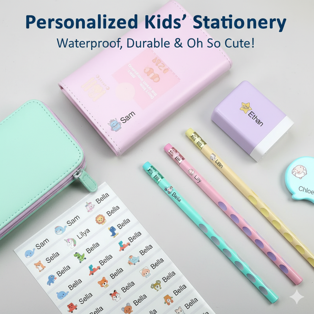 60Pcs Personalized Kawaii Name Labels - UV Waterproof Custom Stickers for Kids' Bottles, Lunch Boxes & School Supplies